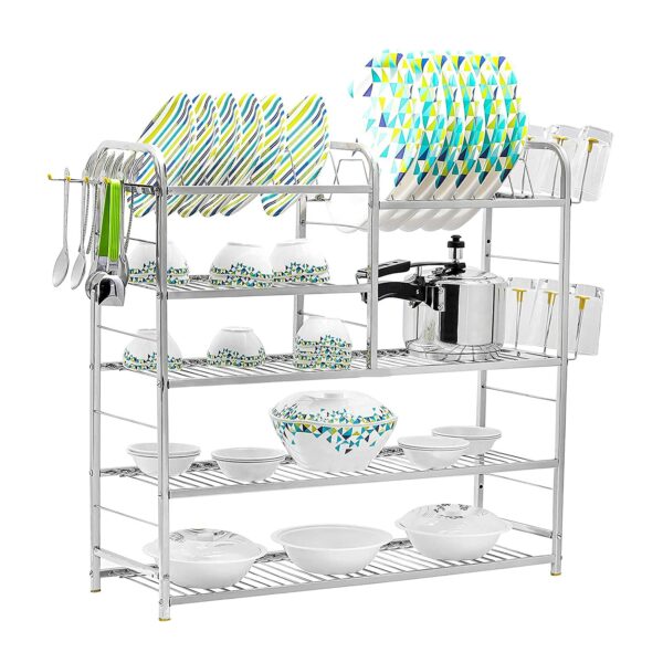 Home Creations 5 Layer 30X30 inch Wall Mount Modern Kitchen Utensils Storage Dish Rack Stainless Steel with Plate & Cutlery Stand