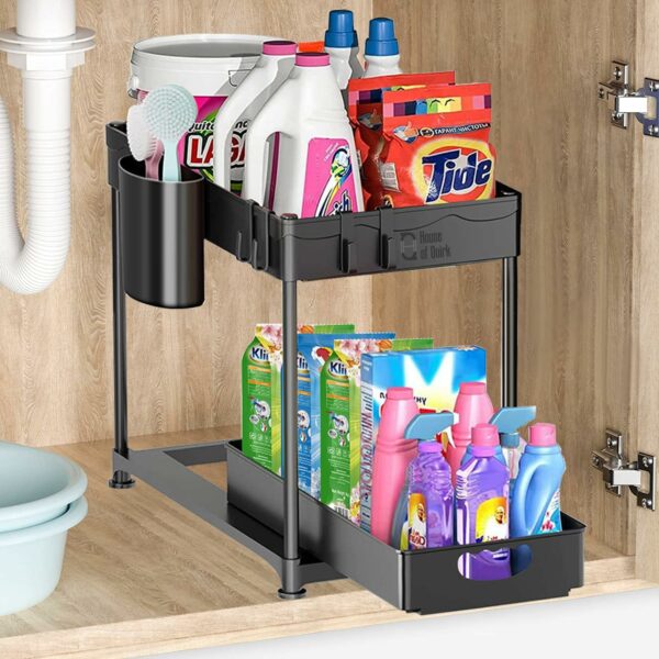 House of Quirk Plastic Under Sliding Shelf Rectangular Shape Basket Organizer,2 Tier Storage Under Cabinet Bathroom Under Sink Organizers And Storage Under Sink Storage For Bathroom Kitchen (Black)