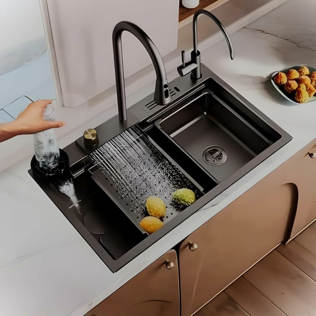 Arquin 304 Grade 30'' X 18'' X 9'' Kitchen Sink Anti Scratch Design With Integrated Waterfall And Pull-down Faucet Set Stainless Steel All In One Sink For Kitchen Nano Coated Sink For Kitchen