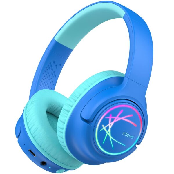 iClever Kids Bluetooth Headphones with LED Lights, BTH18 Safe Volume 74/85/94dBA, 43H Playtime, Stereo Sound, USB-C, AUX Cable, Bluetooth5.3 Over Ear Kids Headphones Wireless for Tablet/Travel, Blue