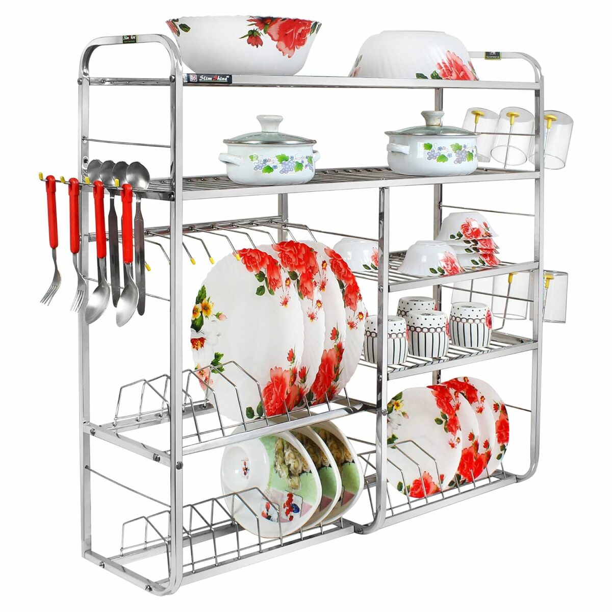 SLIMSHINE 5-Shelf Wall Mount Dish Rack | Stainless Steel Kitchen Organizer for Plates, Bowls & Utensils (30 x 32 Inch)