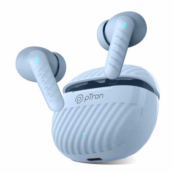 pTron Bassbuds Bliss TWS Earbuds with 4 QuadPro Mics, 3D AudioScape, TruTalk ENC Calls, 40H Playtime, 50ms Low-Latency Game/Music Modes, BT5.3, Type C Fast Charging & IPX5 Water Resistant (Light Blue)