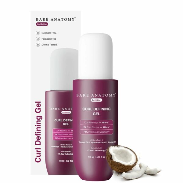 Bare Anatomy Curl Defining Gel | For Well Defined Shiny Curls | Curl Retention & 2X Frizz Protection For 48 Hours | Coconut Oil, Hyaluronic Acid & Castor Oil | Sulphate & Paraben Free | 140 ml