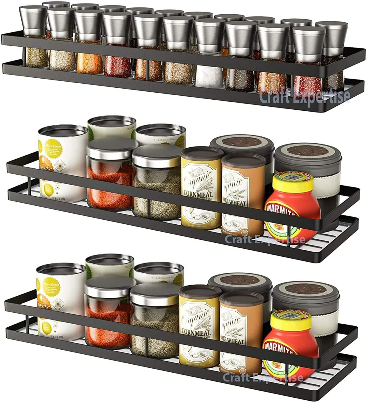 Craft Mshopr Spice Rack Organizer Wall Mount,16 Inches Black Spice Organizer Shelf, Farmhouse Seasoning, Space-Saving Spice Shelves Holder for Kitchen,Bathroom (Pack-3,Alloy Steel, Hanging Shelves)