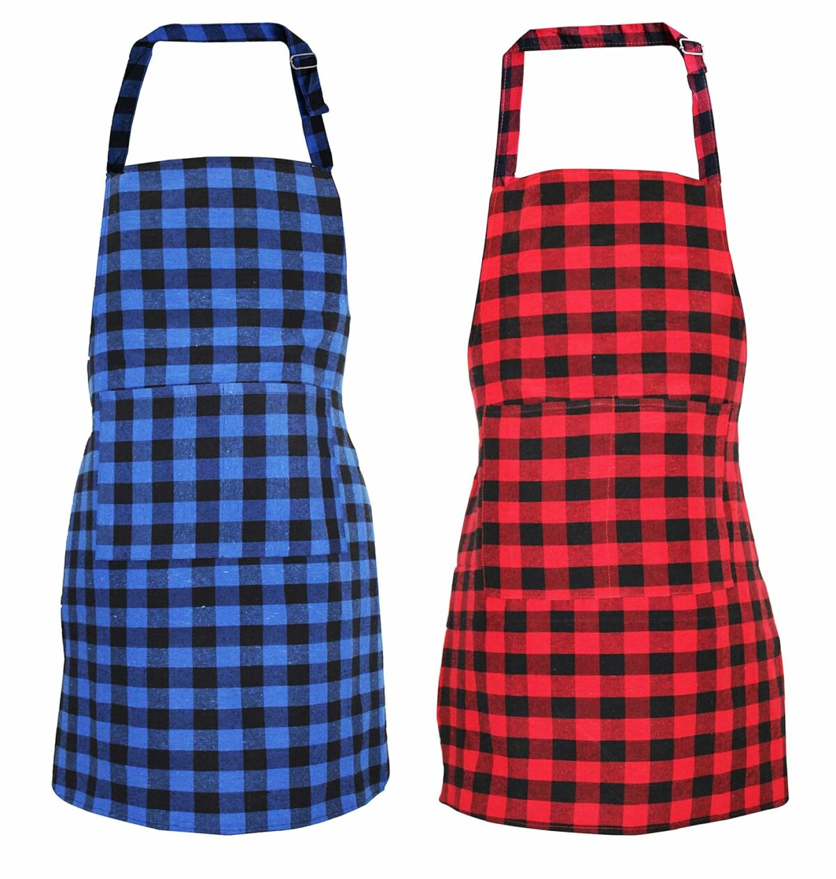 GLUN Waterproof Unisex Kitchen Checkered Design Apron with 2 Roomy Size Front Centre Pocket and Adjustable Neck Strap (Pack Of 2)