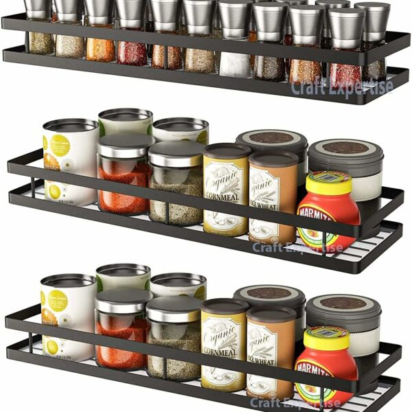 Craftize Mstore Wall Mounted Spice Rack Organizer,Floating Shelves Storage for Pantry Cabinet Door, Sturdy Hanging Seasoning Organizer Jars Storage for Kitchen, Bathroom, Set Of 4 Black (Pack-3)