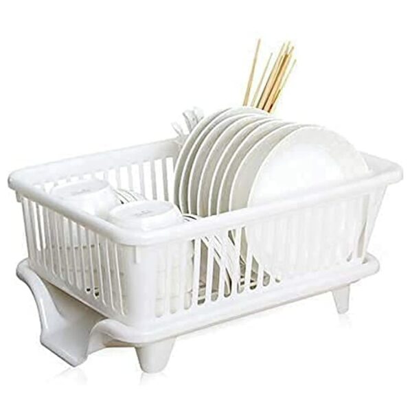 THEODORE 3 in 1 Large Durable Plastic Kitchen Sink Dish Rack Drainer Drying Rack Washing Basket with Tray for Kitchen, Dish Rack Organizers (New White) 31D x 17W x 45H Centimeters