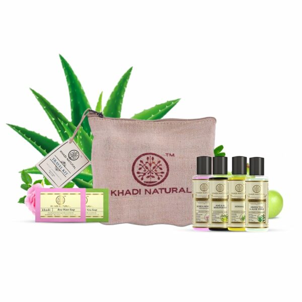 Khadi Natural Herbal Natural Travel Kit - All in one Travel kit Includes Shampoo, Conditioner, Body wash, Soap, Moisturiser (Set of 6 + Jute Bag)| 150g + 120ml