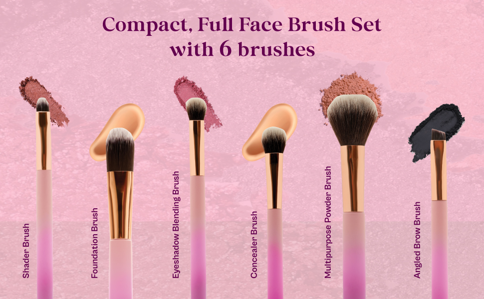 Full face brush set: Shader, foundation brush, concealer brush, eyeshadow, powder brush, Brow brush