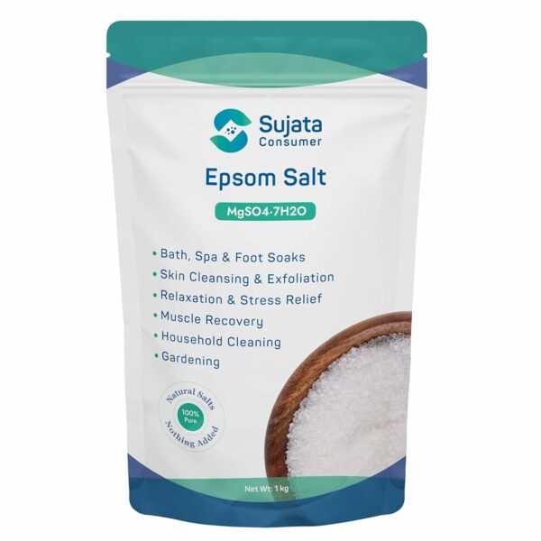 Sujata Epsom Salt | Bath Salt Crystal And Bath | For Muscle Relief, Relieves Aches & Pain | Granule 1Kg | Magnesium Sulphate (1 Kg)