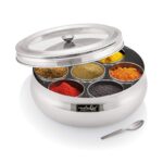 NATULIX Stainless Steel Belly Shape Masala box for Kitchen | Spice Box | Masala Dabba with See Through Lid with 7 Containers and Small Spoon | Silver (Medium | 1.5 Ltr)