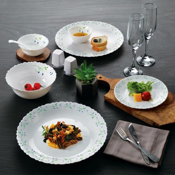 Cello Opalware Dazzle Series Tropical Lagoon Dinner Set, 18 Units | Light-Weight, Daily Use Crockery Set for Dining | White Plate and Bowl Set