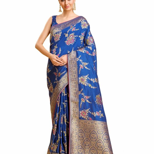 Monjolika Fashion Women's Gorgeous Banarasi Silk Saree Floral Motif Intricate Zari Work Comes With Woven Unstitched Blouse Piece