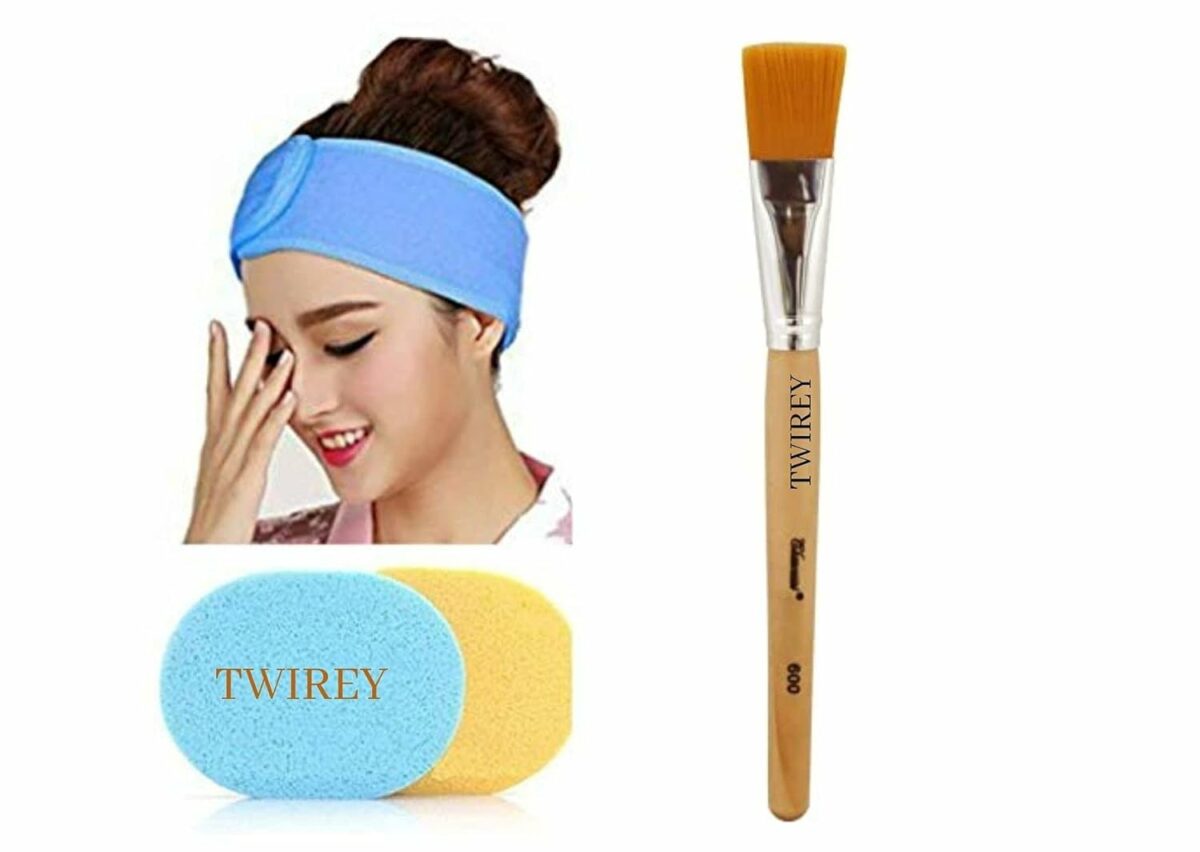 TWIREY Polycotton Stretchable Elasticized Adjustable Facial Headbands and Face Pack Brush and Face Cleaning Sponges for Women, Pack of 1 - Multicolor