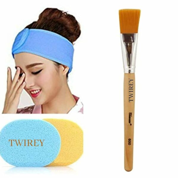 TWIREY Polycotton Stretchable Elasticized Adjustable Facial Headbands and Face Pack Brush and Face Cleaning Sponges for Women, Pack of 1 - Multicolor