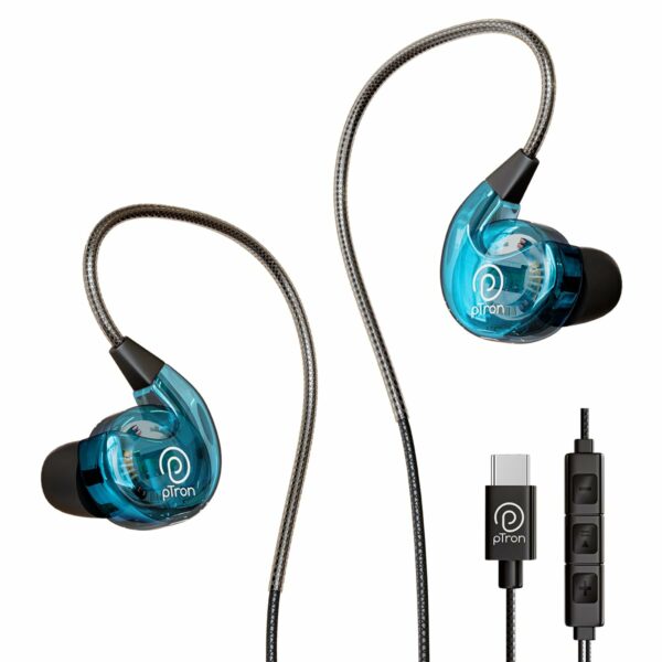 pTron Boom Play X2 in-Ear Type C Wired Headphones with Mic, Ear-Hook Design, 13mm Drivers for Immersive Audio, 1.2m Fish Scale Style Tangle-Free Cable, in-line Controls & Wide Compatibility (Blue)