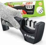 FLYNGO Manual Knife Sharpener 3 Stage Sharpening Tool for Ceramic Knife and Steel Knives (Black)