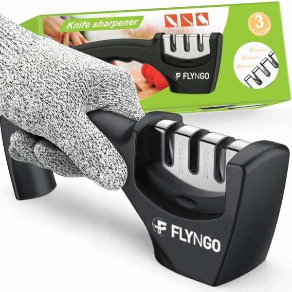 FLYNGO Manual Knife Sharpener 3 Stage Sharpening Tool for Ceramic Knife and Steel Knives (Black)