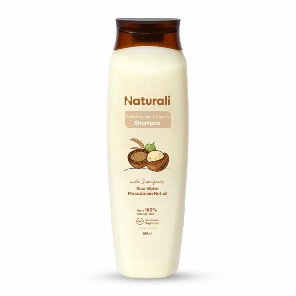 Naturali Daily Strength & Nourish Shampoo with Rice Water & Macadamia Nut Oil | Makes Hair Stronger | Paraben and Sulphate Free Shampoo | Dry Frizzy Hair Shampoo | 180 ml