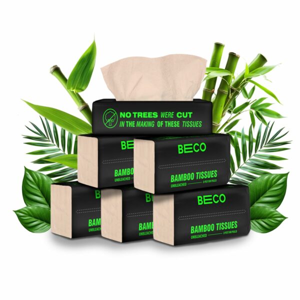 Beco Bamboo Soft Facial Tissue Papers- 100 Pulls (Pack of 6), 600 Pulls - 2 ply,100% Natural and Ecofriendly, Soft tissue box/pack