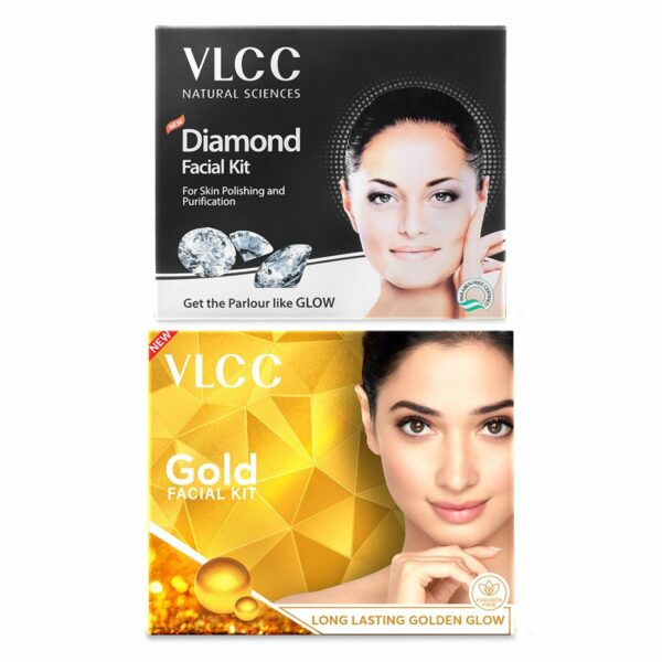 VLCC Gold Facial Kit & VLCC Diamond Facial Kit - 60g Each (Pack of 2) | Pamper your Skin for a Luminous Glow | Skin purifying with Parlour Glow | With Gold Bhasma, Colloidal Diamond & Aloe Vera