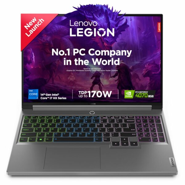 Lenovo Legion 5 Intel Core i7-14650HX 16" (40.64cm) WQXGA IPS 350Nits 165Hz Gaming Laptop (16GB/1TB SSD/Win 11/Office 2021/NVIDIA RTX 4070 8GB/100%sRGB/Alexa/3 Month Game Pass/Grey/2.3Kg), 83DG009DIN