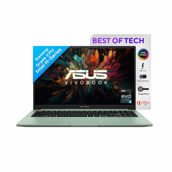 ASUS Vivobook S15 OLED (2022) 15.6" (39.62 cms) FHD OLED, Intel Core Evo i5-12500H 12th Gen, Thin and Light Laptop (16GB/512GB SSD/Iris Xe Graphics/Windows 11/Office 2021/Green/1.8 kg) K3502ZA-L503WS