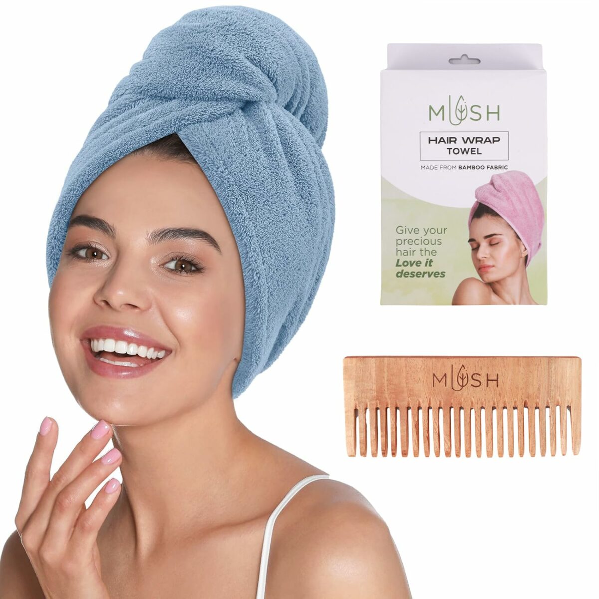 Mush Bamboo Hair Towel Wrap | Absorbent Towel Hair-Drying | Hair Care Combo | Super Quick-Drying| Adjustable Buttons to Wrap Around Hair 500 GSM (Sky Blue)