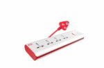 GM 3060 E-Book 4 + 1 Power Strip Red & White Color 250 Volts with Master Switch, Indicator, Safety Shutter & 4 International sockets, Extension Cord for Home Appliances