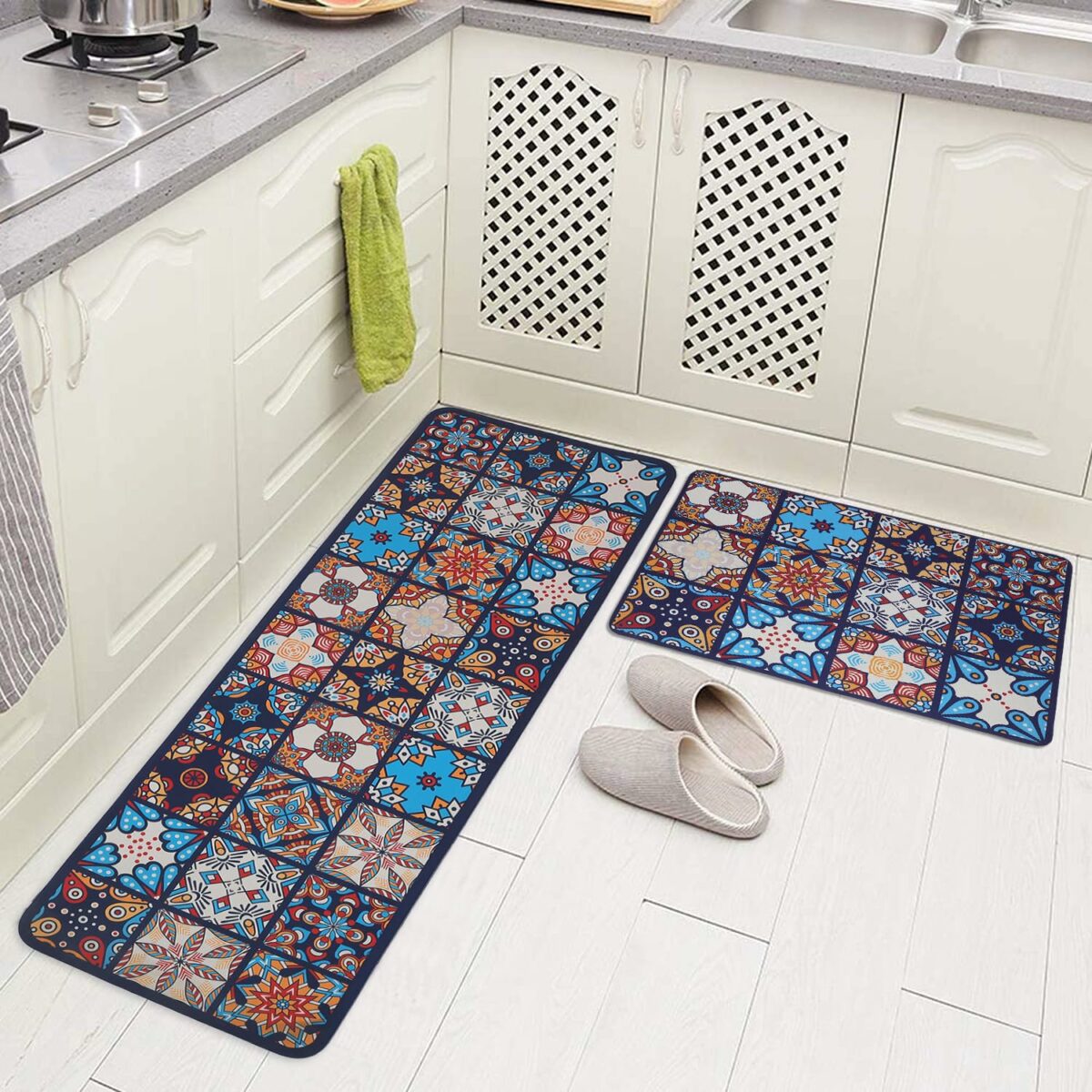 HomeCloud Rubber Kitchen Mats for Floor Set of 2 Pcs | Non-Skid, Soft Absorbent Rugs for Kitchen, Laundry, and Hallway | 120x40cm, 40x60cm| 4mm Thickness (Rangoli_Blue)