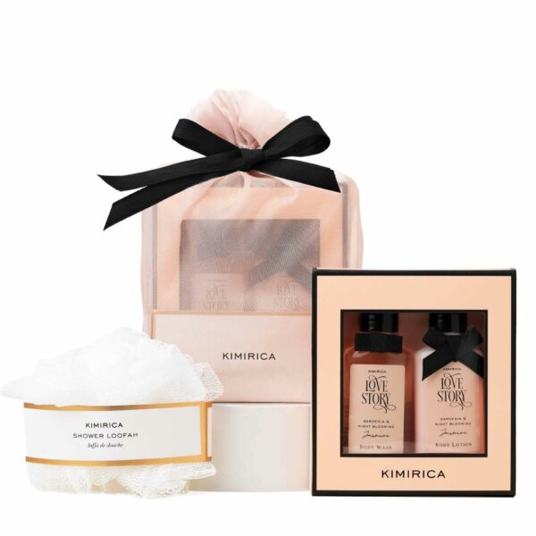 Kimirica "Nothing But Love Duo" Potli gift set | Fragnance of Gardenia and Night Blooming Jasmine | Perfect Valentines gift set | Contains Shower gel, Body Lotion, Loofah and Resuable Potli