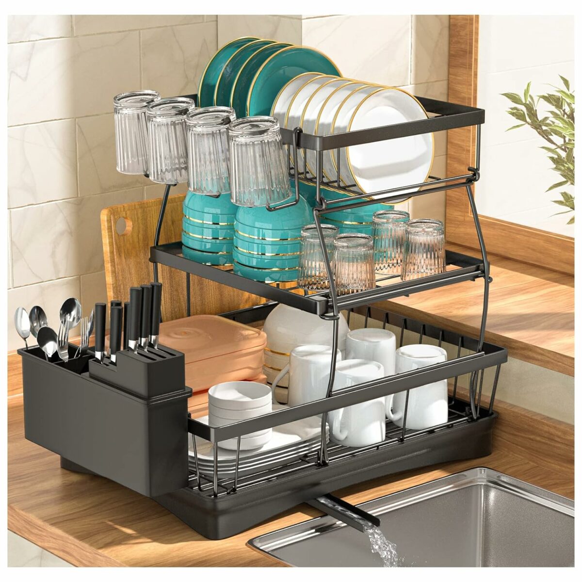 3-Tier Large Dish Racks for Kitchen Counter,Dish Drying Rack,Detachable Large Capacity Dish Drainer Organizer with Utensil Holder, Cup Holder,Dish Drying Rack with Drain Board ,Black