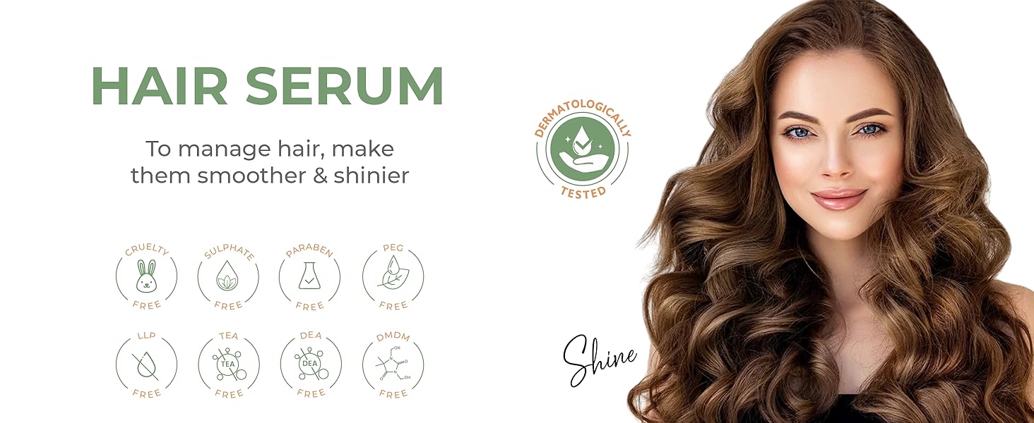 Hair serum ad with icons for benefits and woman with lustrous waves.