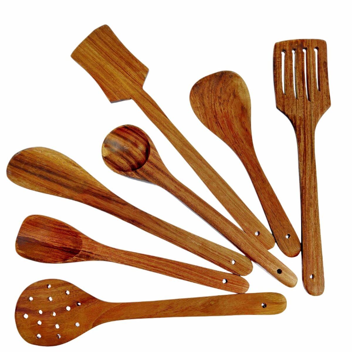 Twizzle Natural Wooden Spoons Set and Spatula for Cooking, Sleek, Sold and Non-Stick Cookware for Nonstick Cookware Kitchen Utensils and Cooking Spoon Set of 7-35.56 Cm