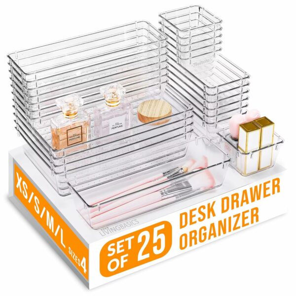 LIVINGBASICS 25 Pcs Unbreakable Drawer Organizer/Drawer Storage Organizer/Drawer Organizer Tray/Tray Organiser for Makeup/Drawer Divider Tray/Makeup Dresser Tray/Kitchen Drawer Organizer Tray