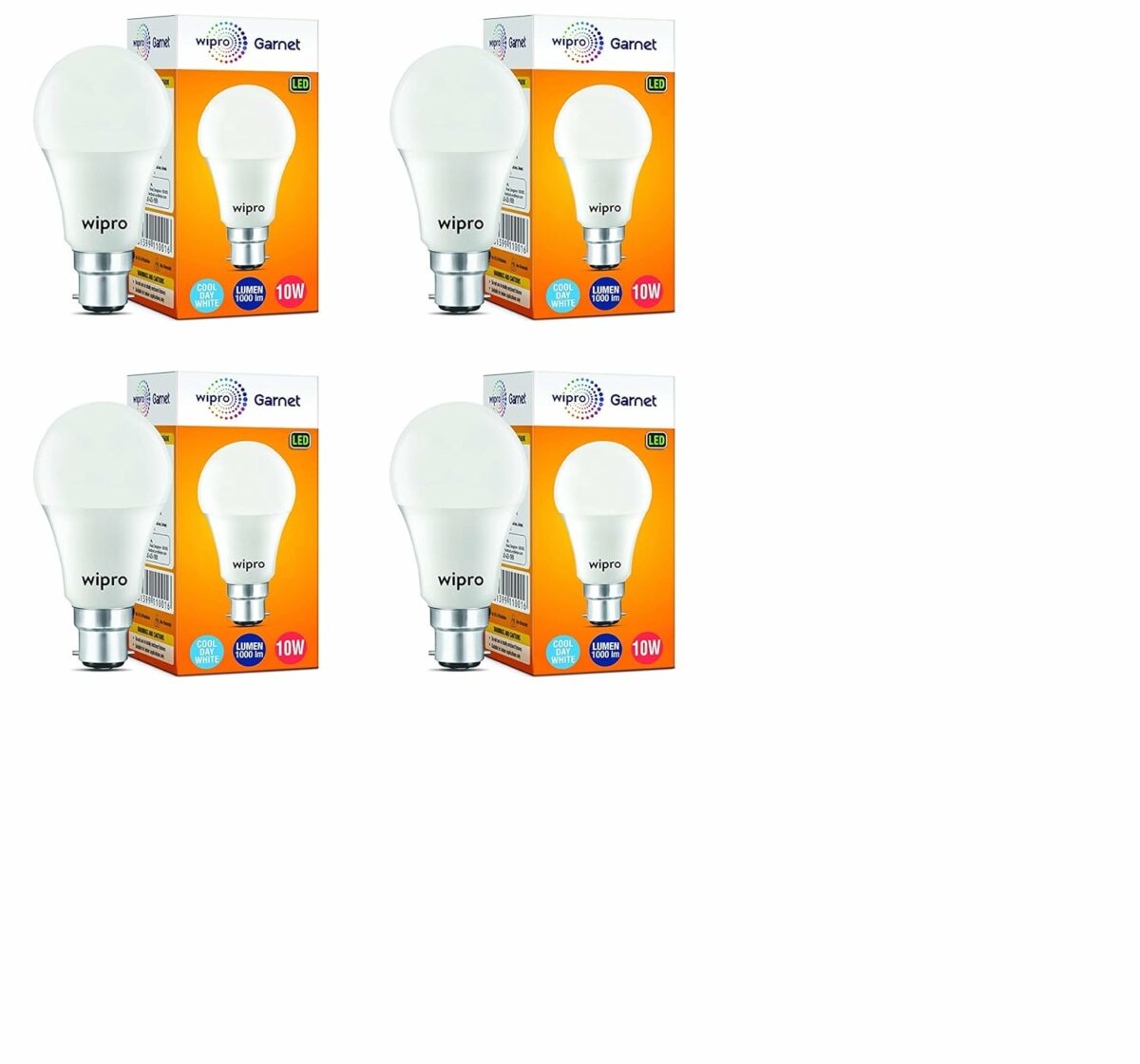 Wipro Garnet 10W LED Bulb for Home & Office |Cool Day White (6500K) | B22 Base|220 degree Light coverage |4Kv Surge Protection |400V High Voltage Protection |Energy Efficient | Pack of 4