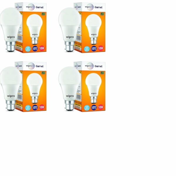 Wipro Garnet 10W LED Bulb for Home & Office |Cool Day White (6500K) | B22 Base|220 degree Light coverage |4Kv Surge Protection |400V High Voltage Protection |Energy Efficient | Pack of 4