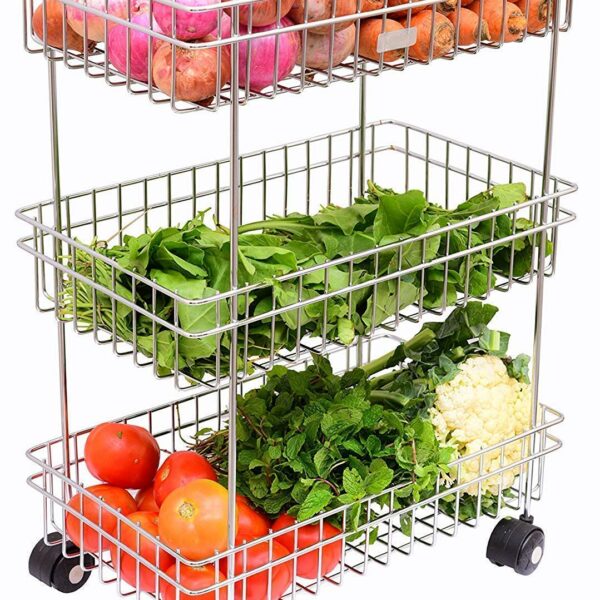 Rasvesh Stainless Steel Fruit and Vegetable Storage Stand Rack Multipurpose Baskets Kitchen Trolley Modern Kitchen Storage Rack (3 Layer Trolly)