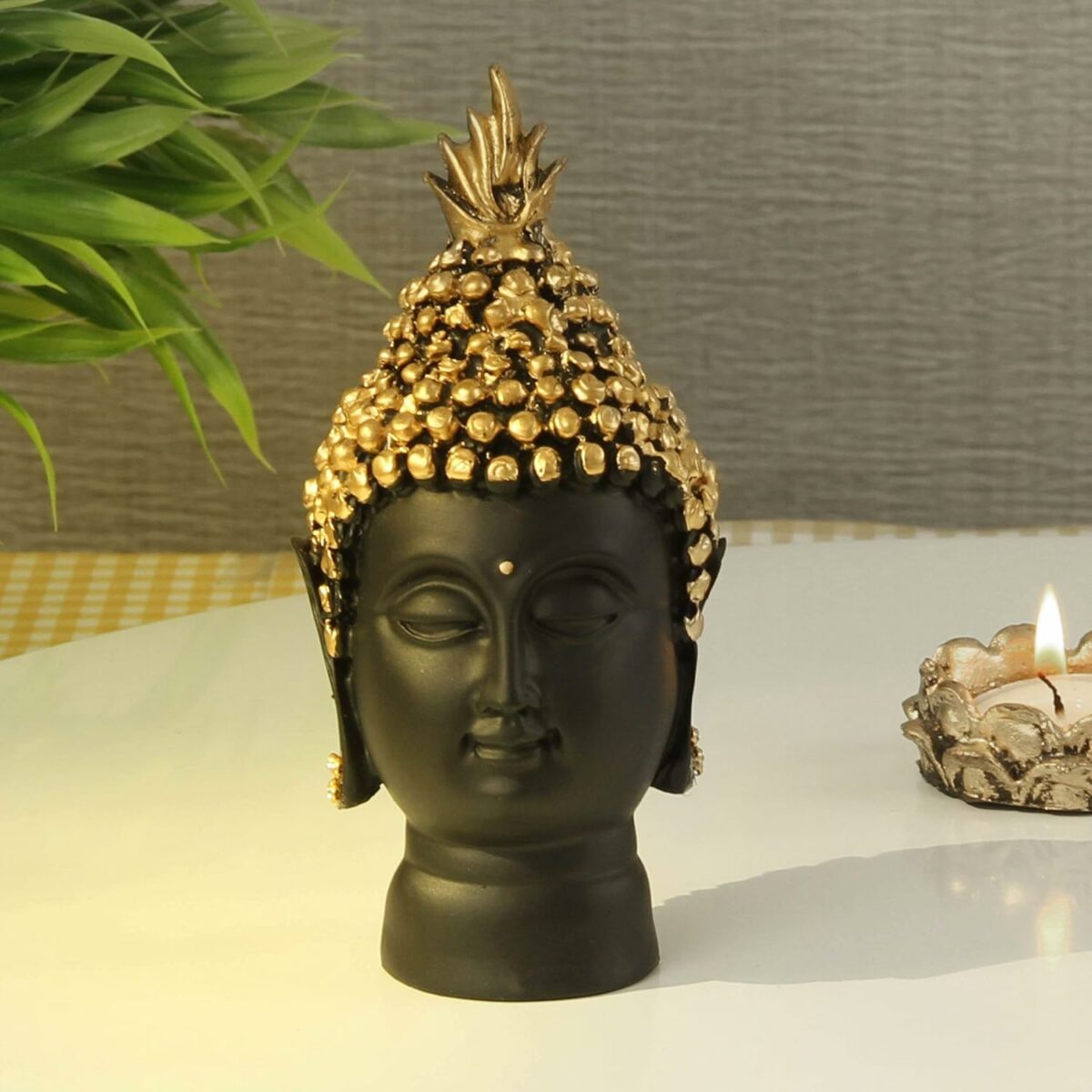 TIED RIBBONS Resin Buddha Head Idol Statue Showpiece (Golden, 13.7 cm X 6.3 cm) - Diwali Decoration Items for Home Decor Mandir Temple Pooja Room Living Room Table Office Decorative Diwali Gifts