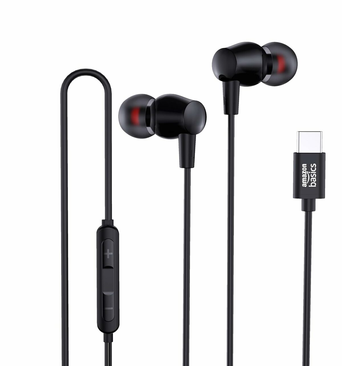 amazon basics EP1 in-Ear Type C Wired Earphones with Mic, Tangle Free 1.18 Metre Cable, Metallic Design, 10mm Drivers, in Line Mic & Volume Controller (Black)