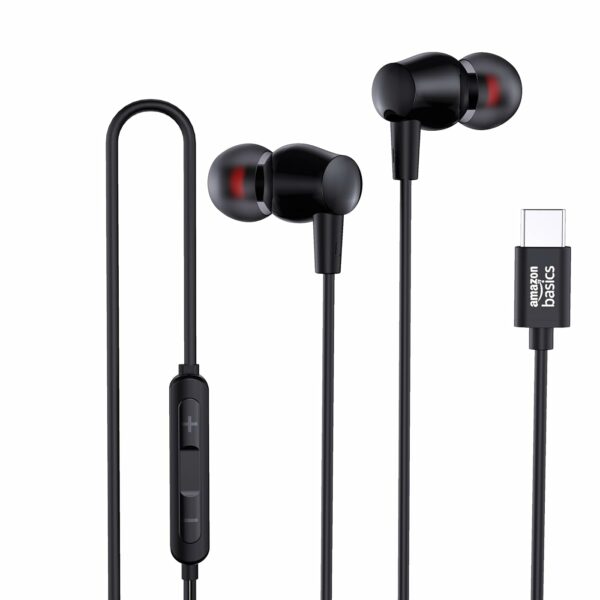 amazon basics EP1 in-Ear Type C Wired Earphones with Mic, Tangle Free 1.18 Metre Cable, Metallic Design, 10mm Drivers, in Line Mic & Volume Controller (Black)