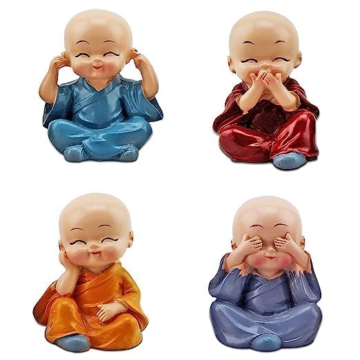 ELITEWAVE Resin Set Of 4 Buddha Monk Statues Miniature Figurines Showpiece For Wall Shelf Table Desktop Car Dashboard Decoration Home Office Decor (Cute_Buddha_Set-Of-4)