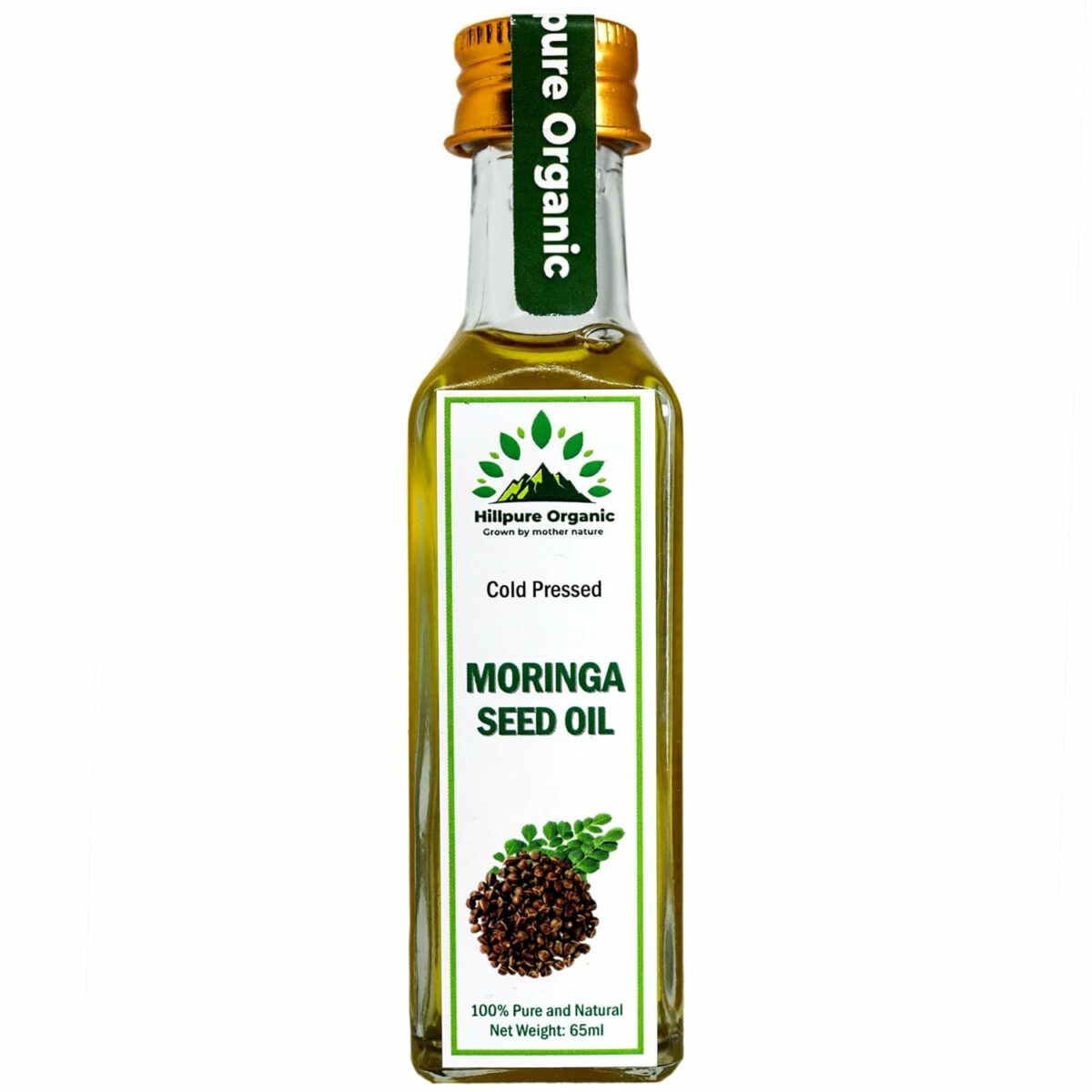 Hillpure Organic Grown by mother nature Premium Cold Pressed Moringa Seed Oil,100% Pure & Natural For Face, Hair & Body (65 Ml, Glass Bottle)