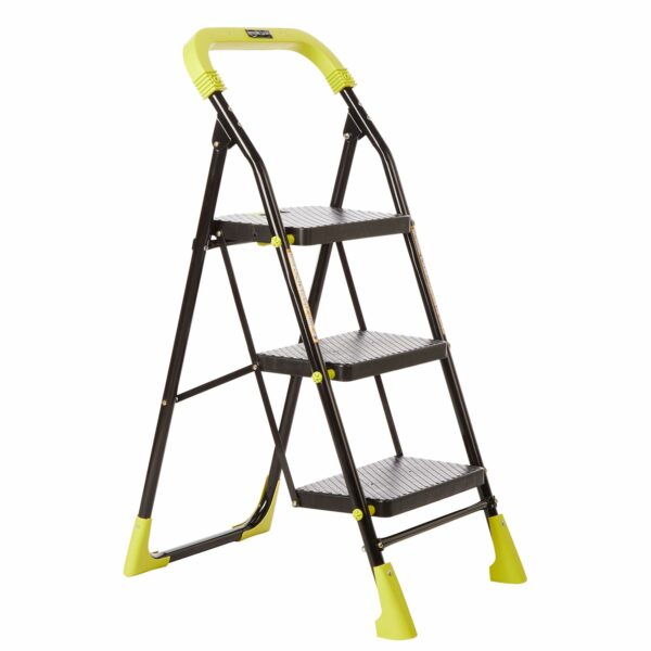 AmazonBasics Dynamo - Foldable Step Ladder, Safety Clutch Lock, Anti Slip Steps, Knee Guard, Anti Skid PVC Shoes, 3 Steps (Steel, Black & Lime Green)