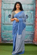 Tropwear Handicrafts Women's Ikat Hand Block Print Jaipuri Cotton Mulmul Saree with Blouse Piece