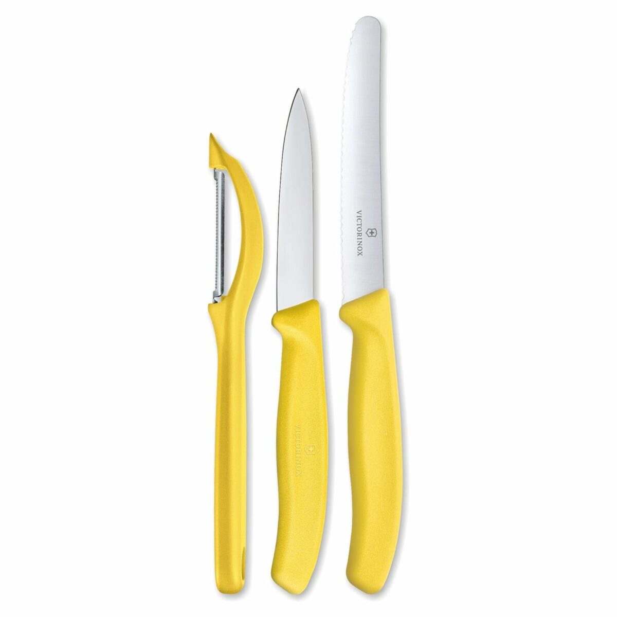 Victorinox Swiss Made Stainless Steel Swiss Classic Kitchen Knife Set of 3, Straight Edge and Wavy Edge Knife with Multipurpose Peeler, Professional and Household Use, Yellow | 6.7118.31