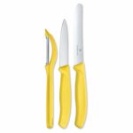 Victorinox Swiss Made Stainless Steel Swiss Classic Kitchen Knife Set of 3, Straight Edge and Wavy Edge Knife with Multipurpose Peeler, Professional and Household Use, Yellow | 6.7118.31