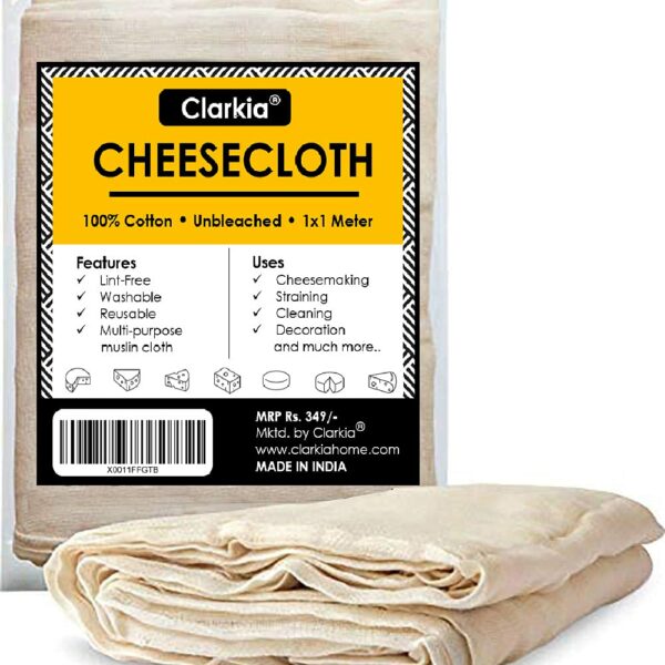 Clarkia 1x1 Meter Cotton Muslin Cloth for Kitchen Or Cheese Cloth StrainerUltra Fine Fabric for Strainin, Making Cheese, Baking Natural & Unbleached