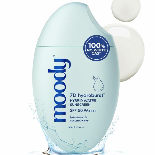 Moody Hydro Burst Water Sunscreen With Hyaluronic & SPF 50 PA +++ UVA/B Protection | Sunscreen spf 50 | moisturizer For Face | sunscreen For Oily Skin | Sweat Resistant Sunscreen For Men & Women 50ml