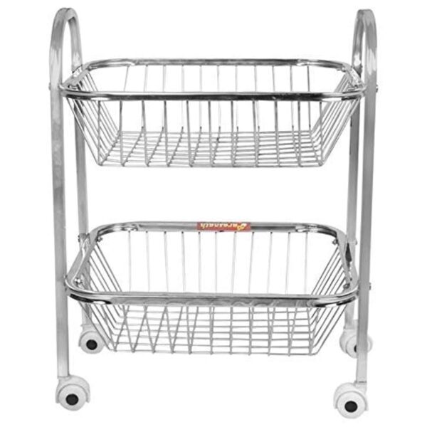 WayMore® 2-Tier Rack Fruits & Vegetable Onion Trolley Container Basket Organizer Organiser Holder Stand for Kitchen with Wheel Stainless Steel Fruit & Vegetable Basket (Silver)